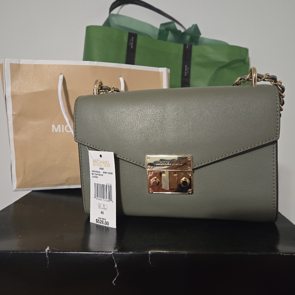 Micheal Kors Army Green Mod Flap Shoulder Leather Bag